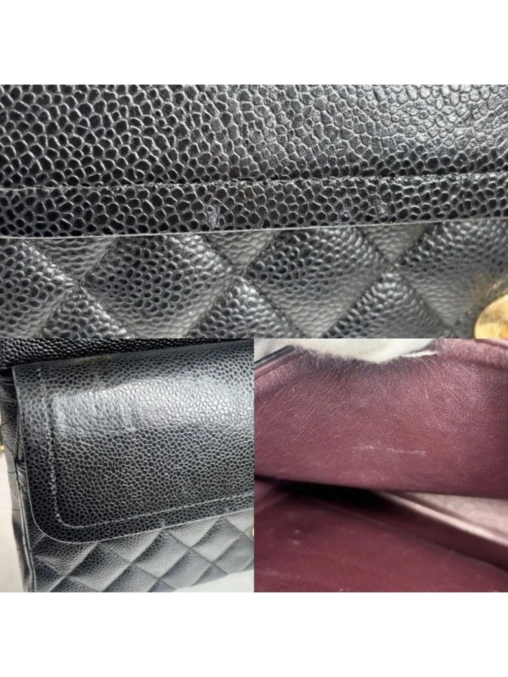 Chanel Shoulder Bag Quilted 25 Double Chain Bull Flap Caviar Leather Black Gold